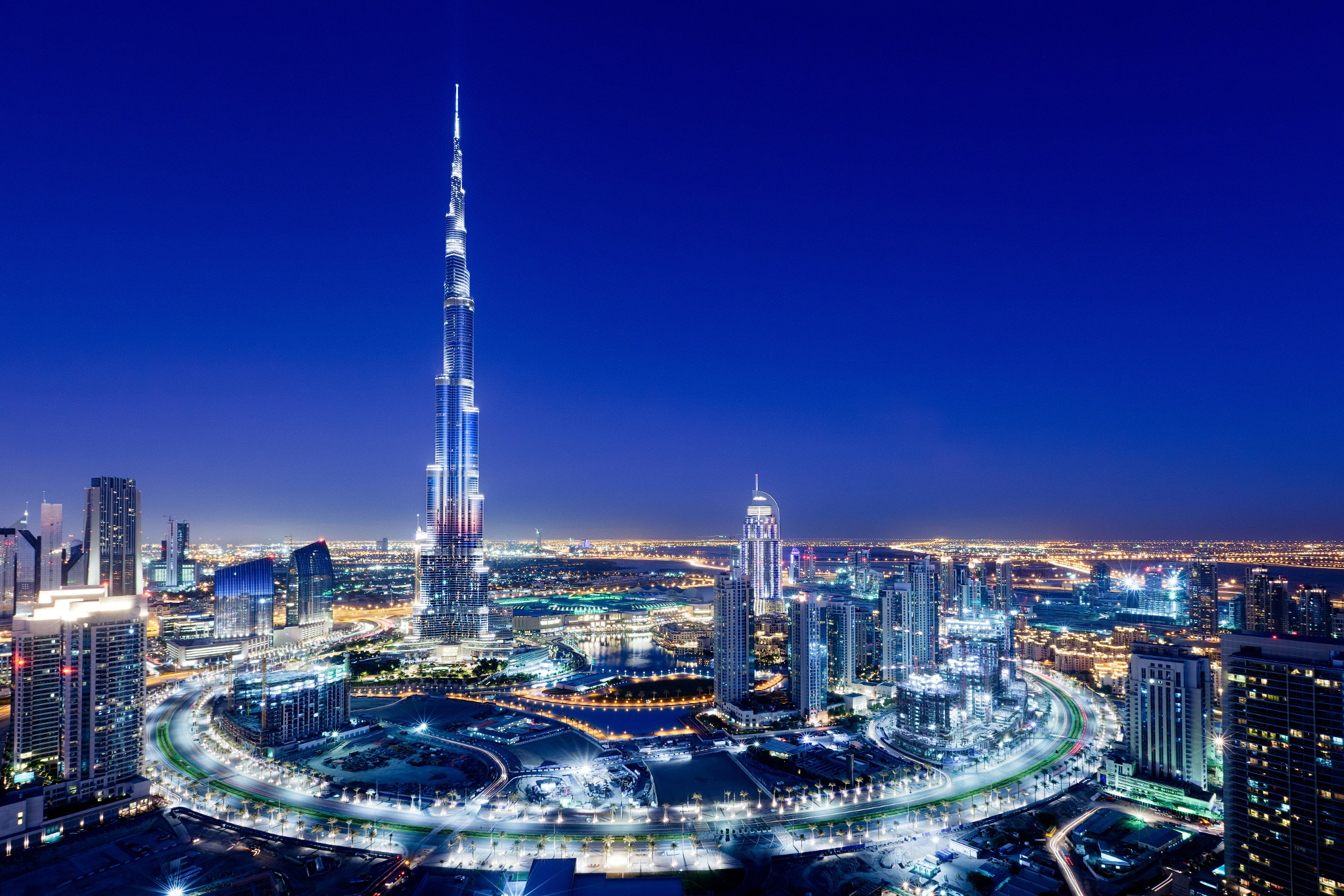 Burj Khalifa and Downtown Dubai skyline at night