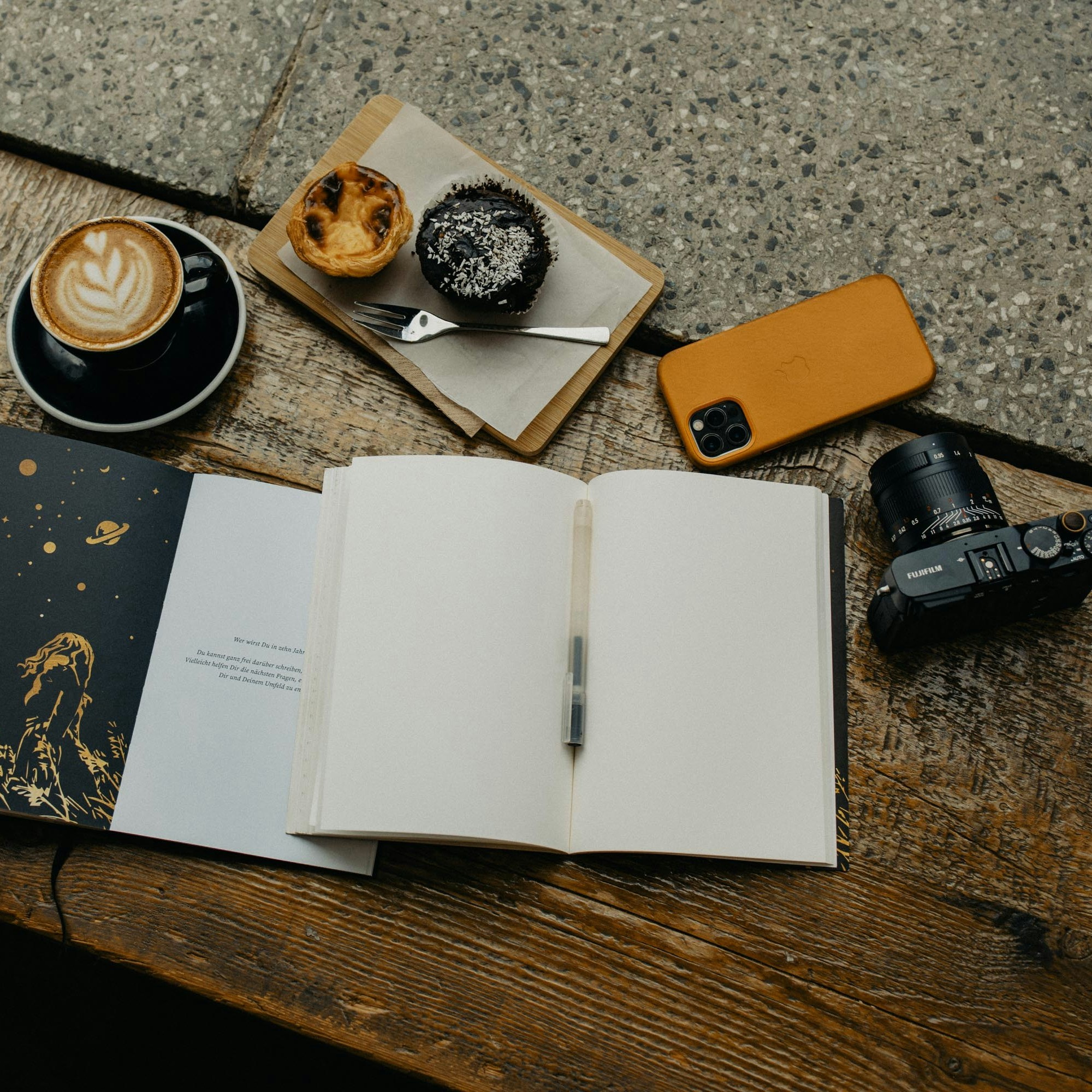 Travel planning journal with coffee, camera and travel accessories
