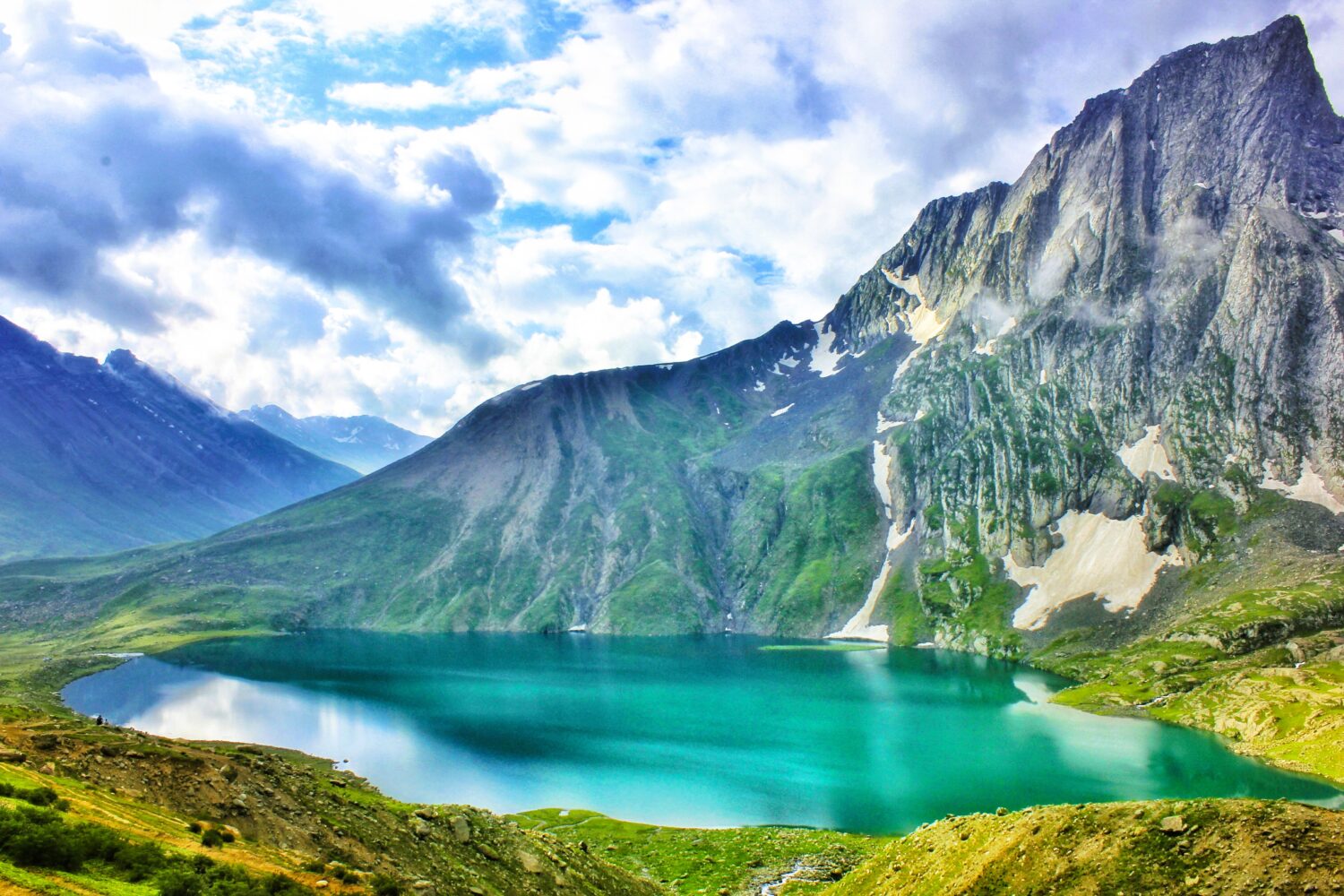 Scenic alpine lake surrounded by Himalayan mountains near the Amarnath Yatra route in Kashmir