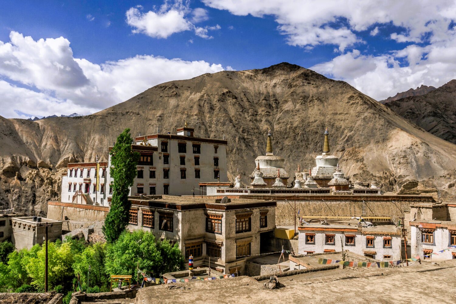 Historic Buddhist monastery in Ladakh with mountain scenery