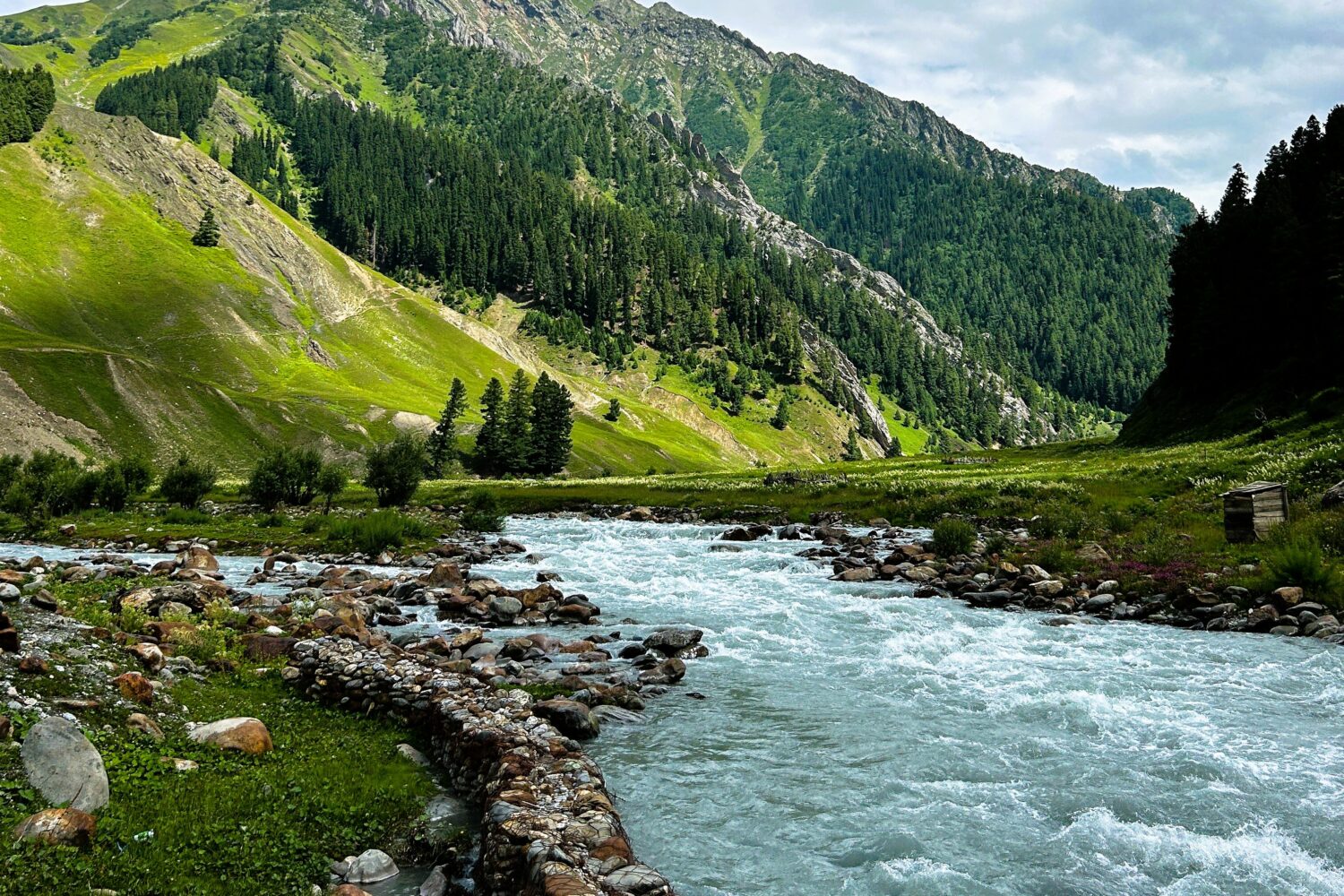 Pahalgam valley with river, forests, and mountain views on a Kashmir highlights tour