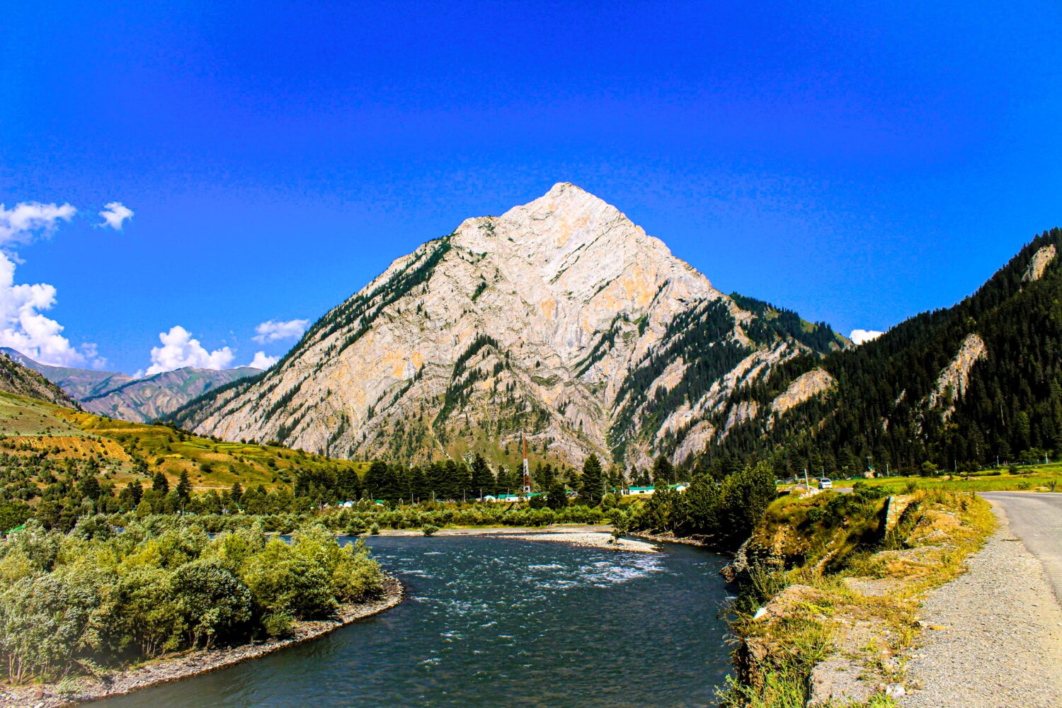 Mountain river landscape in Sonmarg with alpine scenery and Himalayan peaks