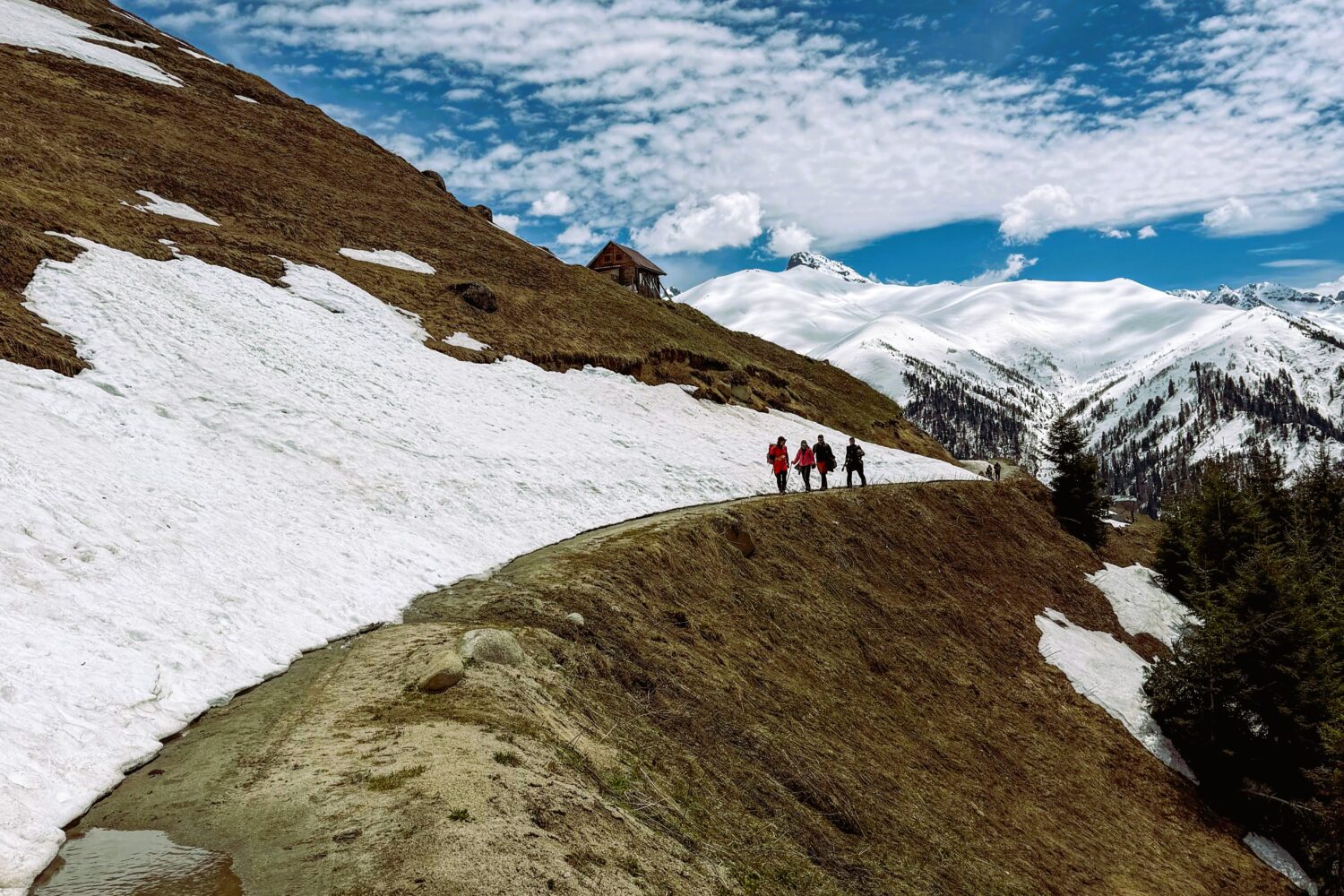 Snow-covered trail and mountain scenery near Sonmarg in Kashmir