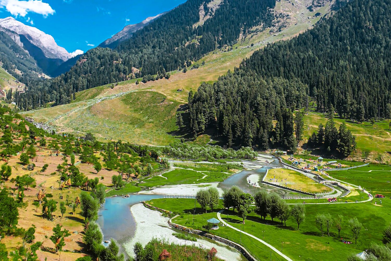Panoramic view of Sonmarg valley with rivers, meadows, and Himalayan peaks