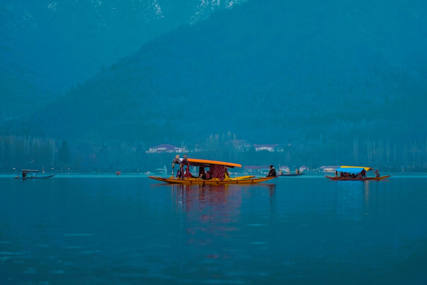 Colourful Shikara boats on Dal Lake with mountains Scenic green mountain valley and pine forests featured in Srinagar Tour Package