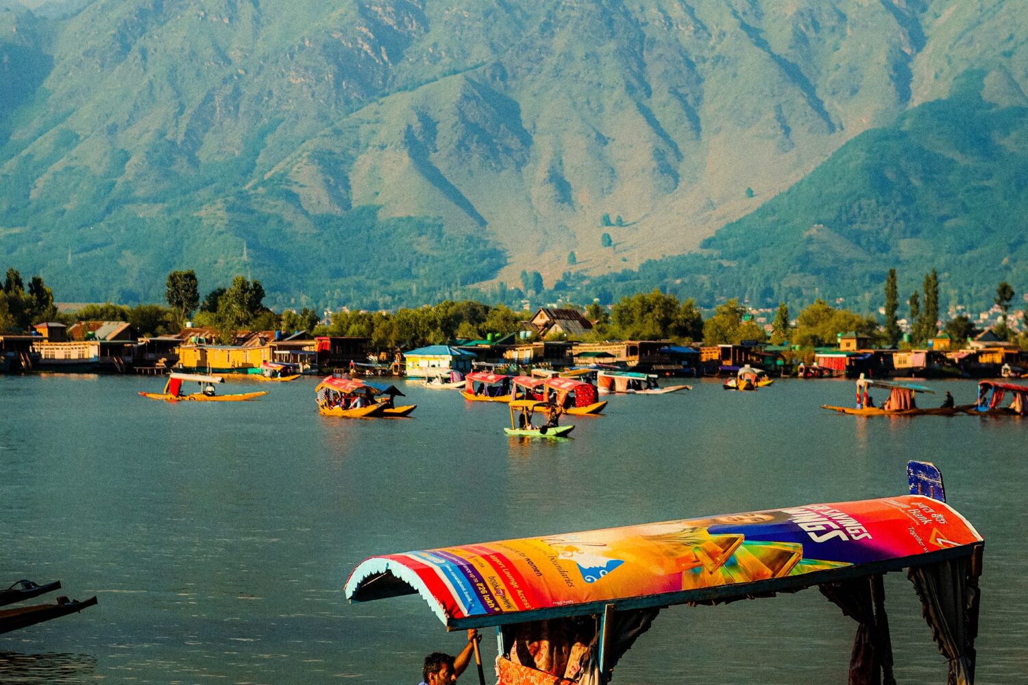 Shikara sailing across Dal Lake against the mountains Scenic green mountain valley and pine forests featured in Srinagar Tour Package