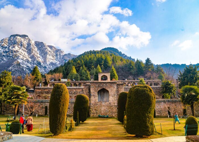 Pari Mahal overlooking the mountains Scenic green mountain valley and pine forests featured in Srinagar Tour Package